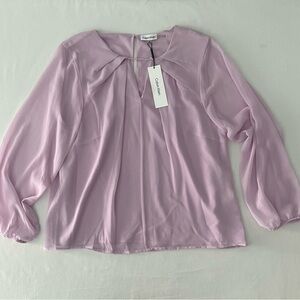 CALVIN KLEIN Pink Chiffon Top Long Sleeves Crew Neckline Body Lined Blouse NEW